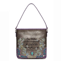 Load image into Gallery viewer, Designs by MyUtopia Shout Out:Cowgirl Trendy Embroidered Bible Verse 2 Corinthians 12:9 Country Western Totebag Purse,Purple,Handbag Purse
