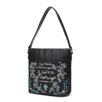 Load image into Gallery viewer, Designs by MyUtopia Shout Out:Cowgirl Trendy Embroidered Bible Verse 2 Corinthians 12:9 Country Western Totebag Purse

