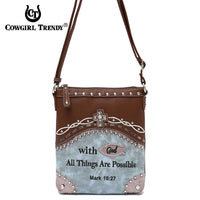 Load image into Gallery viewer, Designs by MyUtopia Shout Out:Cowgirl Trendy Mark 10:27 Bible Verse Cross Messenger Crossbody Conceal Carry Bag,Blue,Cross-Body Purse
