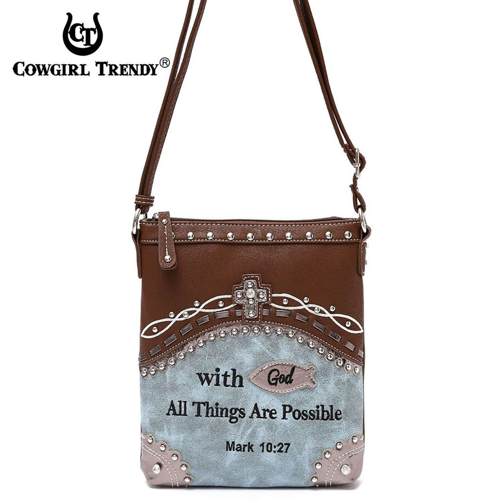 Designs by MyUtopia Shout Out:Cowgirl Trendy Mark 10:27 Bible Verse Cross Messenger Crossbody Conceal Carry Bag,Blue,Cross-Body Purse