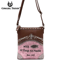 Load image into Gallery viewer, Designs by MyUtopia Shout Out:Cowgirl Trendy Mark 10:27 Bible Verse Cross Messenger Crossbody Conceal Carry Bag,Tan/Pink,Cross-Body Purse
