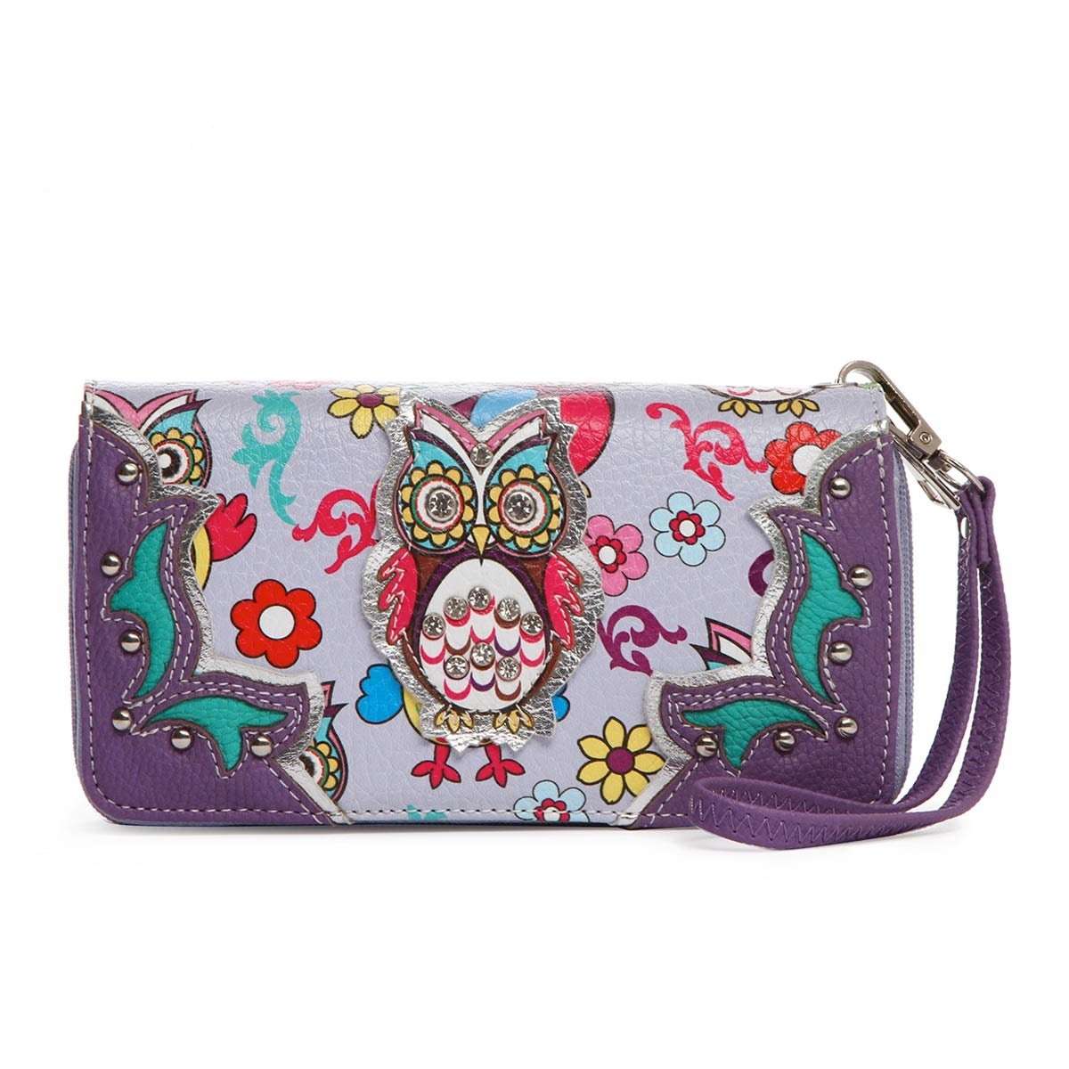 Designs by MyUtopia Shout Out:Cowgirl Trendy Multi Colorful Owl Print Western Wristlet Wallet,Purple,Clutch Wallet