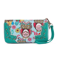 Load image into Gallery viewer, Designs by MyUtopia Shout Out:Cowgirl Trendy Multi Colorful Owl Print Western Wristlet Wallet,Teal,Clutch Wallet
