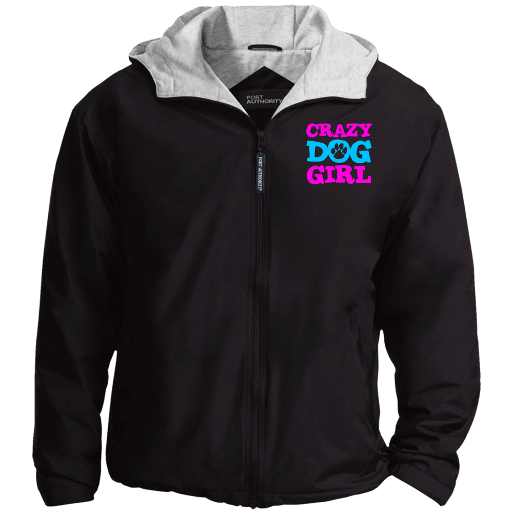 Designs by MyUtopia Shout Out:Crazy Dog Girl Embroidered Port Authority Team Jacket,Black/Light Oxford / X-Small,Jackets