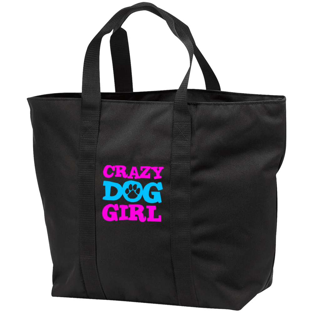 Designs by MyUtopia Shout Out:Crazy Dog Girl Embroidered Port & Co. All Purpose Tote Bag w Zipper Closure and side pocket,Black/Black / One Size,Totebag