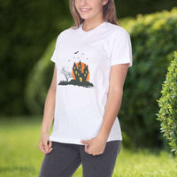 Load image into Gallery viewer, Designs by MyUtopia Shout Out:Creepy Castle Adult Unisex Cotton Short Sleeve White T-Shirt
