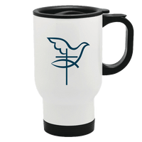 Load image into Gallery viewer, Designs by MyUtopia Shout Out:Cross Dove Fish Christian Faith 14 oz Stainless Steel Travel Coffee Mug w. Twist Close Lid
