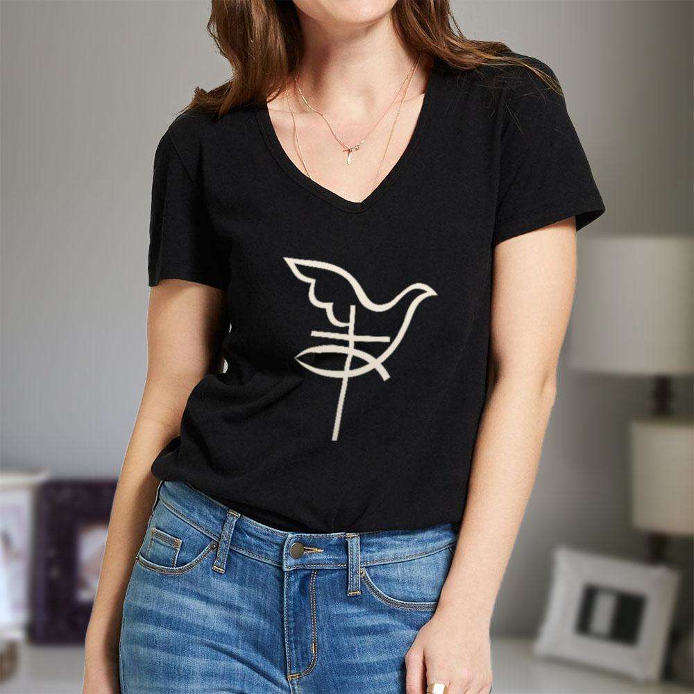 Designs by MyUtopia Shout Out:Cross Dove Fish Christian Unisex V-Neck Tee