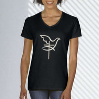 Load image into Gallery viewer, Designs by MyUtopia Shout Out:Cross Dove Fish Christian Unisex V-Neck Tee

