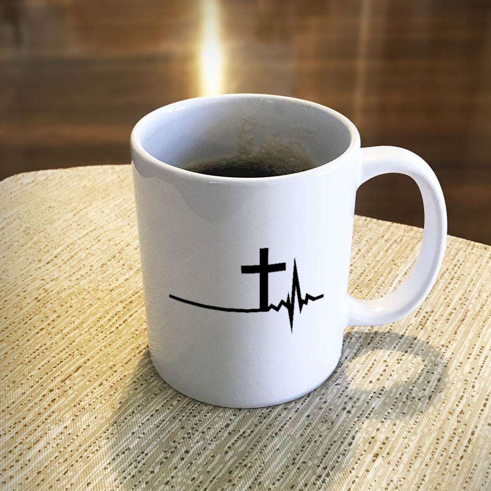 Designs by MyUtopia Shout Out:Cross Heartbeat Ceramic Coffee Mug - White,11 oz / White,Ceramic Coffee Mug