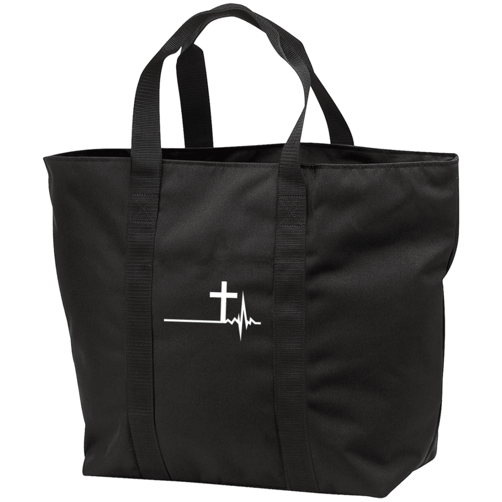 Designs by MyUtopia Shout Out:Cross Heartbeat Embroidered Design All Purpose Tote Bag,Black / One Size,Bags