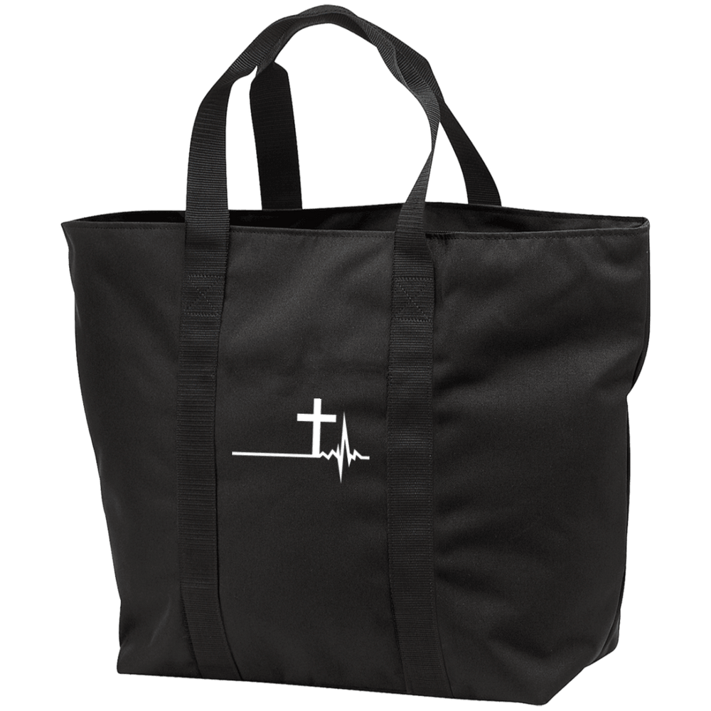 Designs by MyUtopia Shout Out:Cross Heartbeat Embroidered Design All Purpose Tote Bag,Black / One Size,Bags