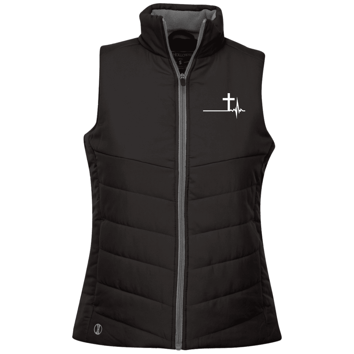 Designs by MyUtopia Shout Out:Cross Heartbeat Embroidered Holloway Ladies' Quilted Vest,X-Small / Black,Jackets