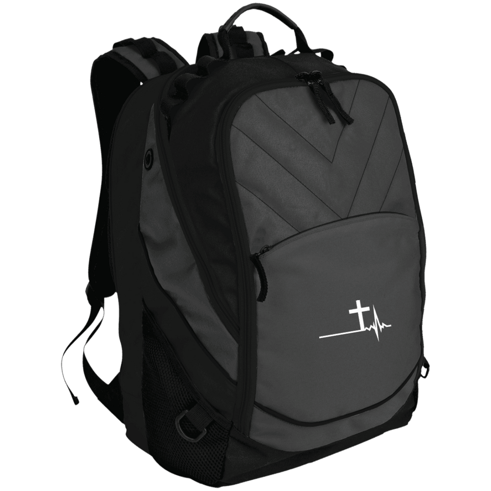 Designs by MyUtopia Shout Out:Cross Heartbeat Embroidered Laptop Computer Backpack,Dark Charcoal/Black / One Size,Bags