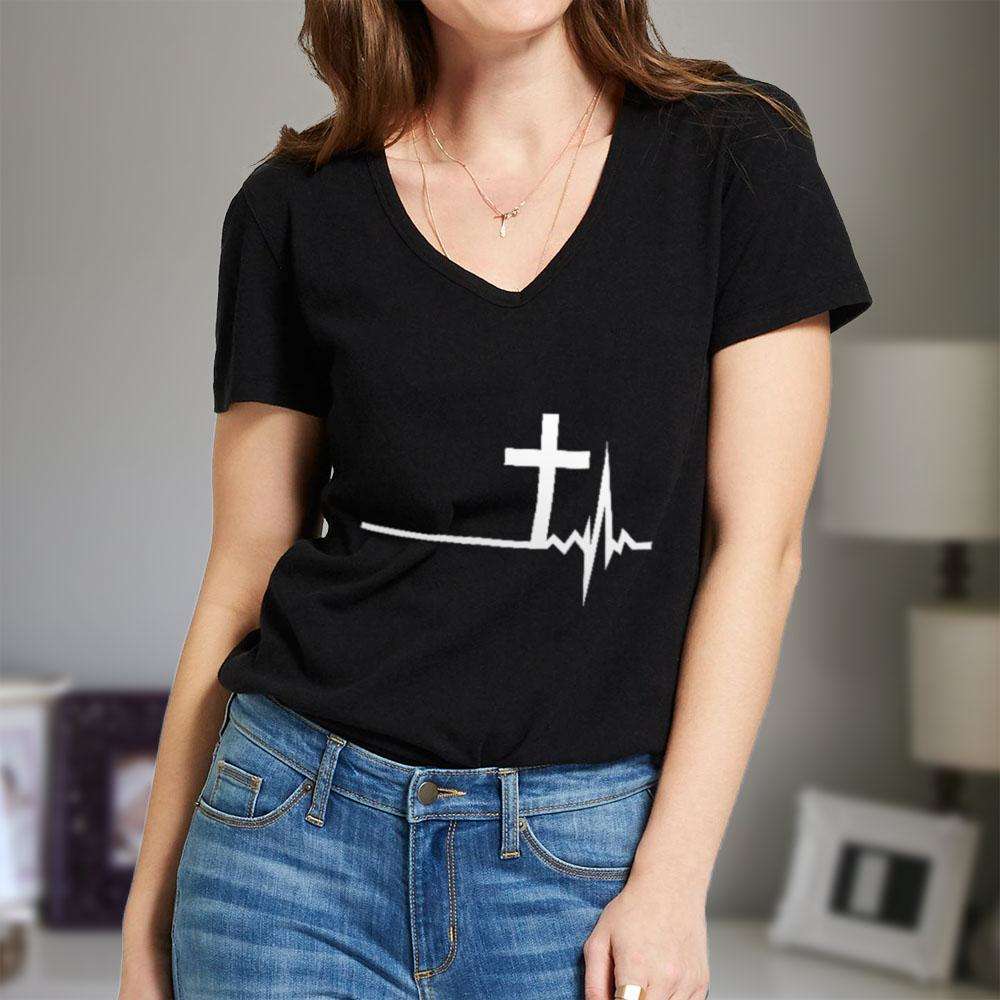 Designs by MyUtopia Shout Out:Cross Heartbeat Ladies' V-Neck T-Shirt
