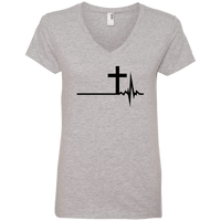 Load image into Gallery viewer, Designs by MyUtopia Shout Out:Cross Heartbeat Ladies&#39; V-Neck T-Shirt,Heather Grey / S,Ladies T-Shirts

