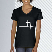 Load image into Gallery viewer, Designs by MyUtopia Shout Out:Cross Heartbeat Ladies&#39; V-Neck T-Shirt,Black / S,Ladies T-Shirts
