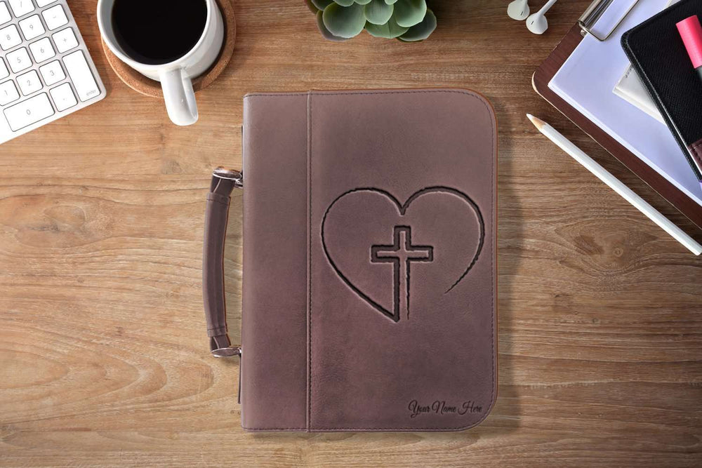 Designs by MyUtopia Shout Out:Cross In Heart Faux Leather Personalized Laser Engraved Bible Cover,Large (7 1/2″ x 10 3/4″) / Dark Brown,Bible Cover