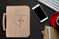 Load image into Gallery viewer, Designs by MyUtopia Shout Out:Cross In Heart Faux Leather Personalized Laser Engraved Bible Cover,Large (7 1/2″ x 10 3/4″) / Light Brown,Bible Cover
