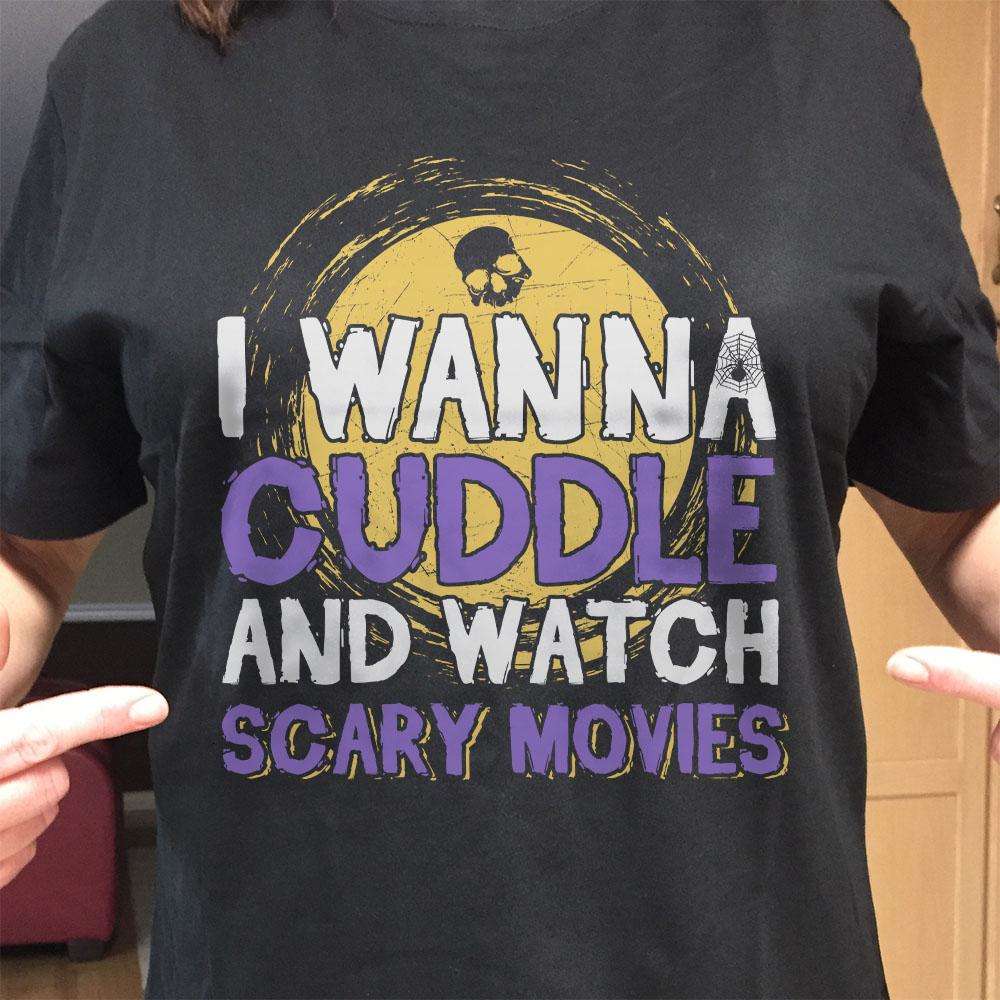 Designs by MyUtopia Shout Out:Cuddle and Watch Scary Movies Adult Unisex Cotton Short Sleeve T-Shirt