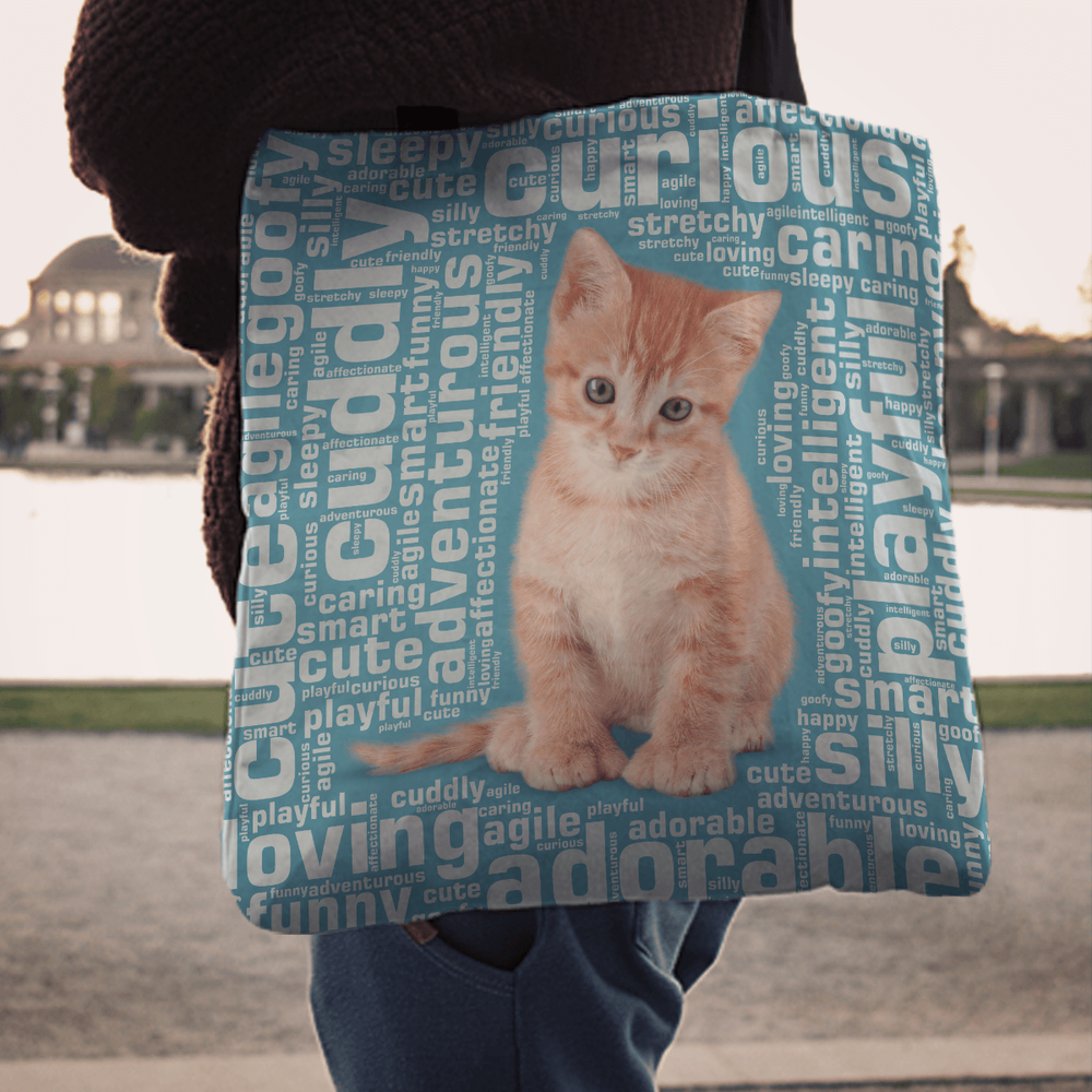 Designs by MyUtopia Shout Out:Curious Kitten Word Cloud Fabric Totebag Reusable Shopping Tote