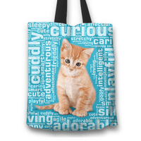 Load image into Gallery viewer, Designs by MyUtopia Shout Out:Curious Kitten Word Cloud Fabric Totebag Reusable Shopping Tote,Blue,Reusable Fabric Shopping Tote Bag
