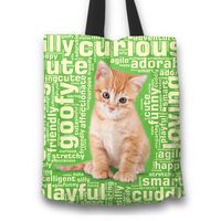 Load image into Gallery viewer, Designs by MyUtopia Shout Out:Curious Kitten Word Cloud Fabric Totebag Reusable Shopping Tote,Green,Reusable Fabric Shopping Tote Bag
