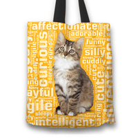 Load image into Gallery viewer, Designs by MyUtopia Shout Out:Curious Kitten Word Cloud Fabric Totebag Reusable Shopping Tote,Gold,Reusable Fabric Shopping Tote Bag

