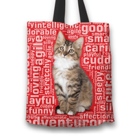 Load image into Gallery viewer, Designs by MyUtopia Shout Out:Curious Kitten Word Cloud Fabric Totebag Reusable Shopping Tote,Red,Reusable Fabric Shopping Tote Bag
