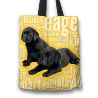 Load image into Gallery viewer, Designs by MyUtopia Shout Out:Cute Black Lab Puppies Fabric Totebag Reusable Shopping Tote,Gold,Reusable Fabric Shopping Tote Bag
