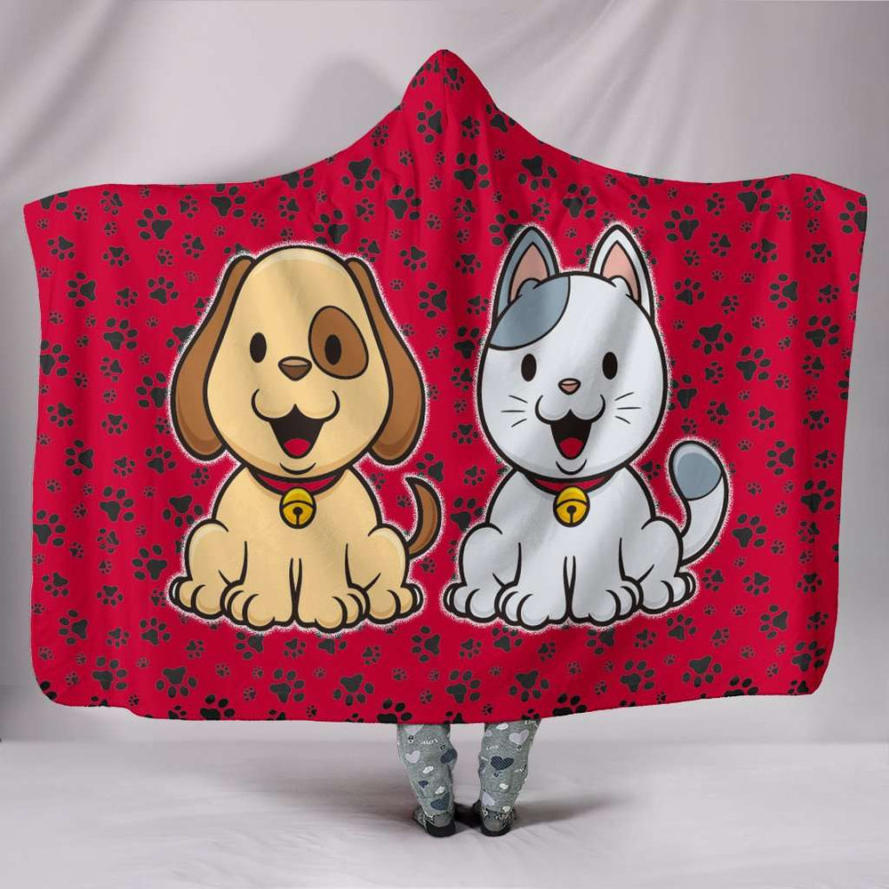 Designs by MyUtopia Shout Out:Cute Dog and Cat on a Field of Paw Prints Premium Vegan Suede Medium Weight Hooded Blanket - Tall (80x60 & 60x45),Youth 60"x45",Hooded Blanket