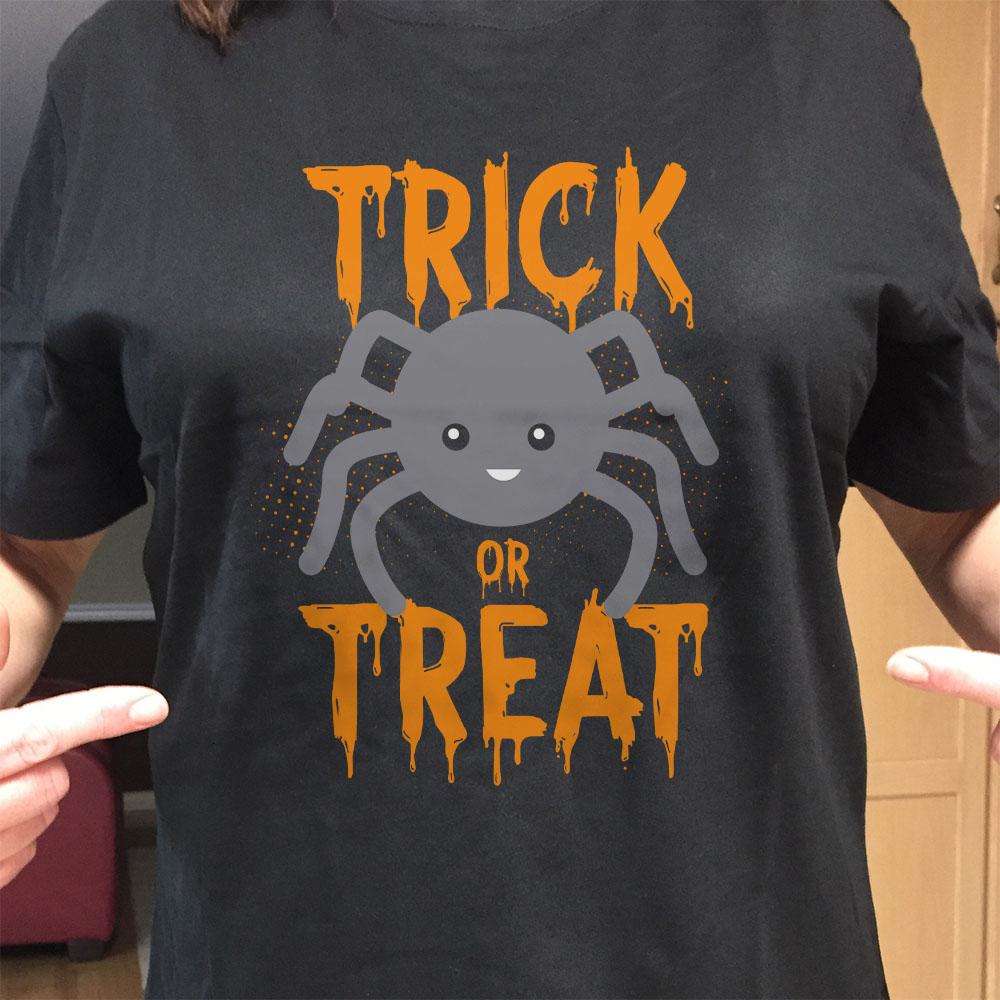 Designs by MyUtopia Shout Out:Cute Spider Trick or Treat Adult Unisex Cotton Short Sleeve T-Shirt