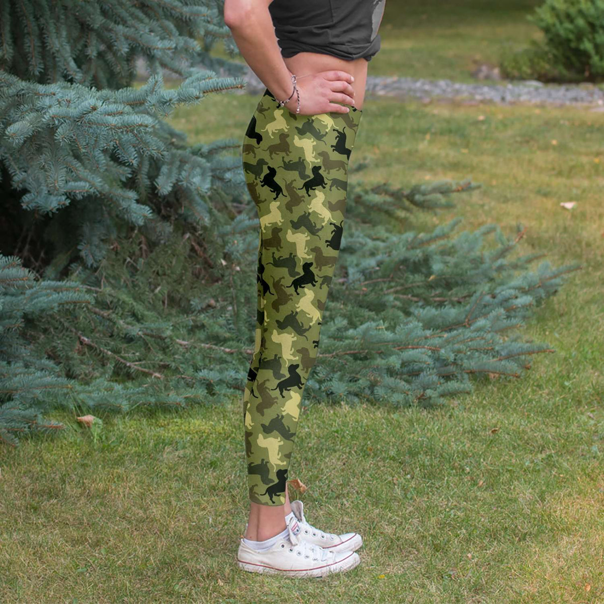 Designs by MyUtopia Shout Out:Dachshund Camo Print Fashion Leggings,Select Your Size / Green,Leggings - AOP