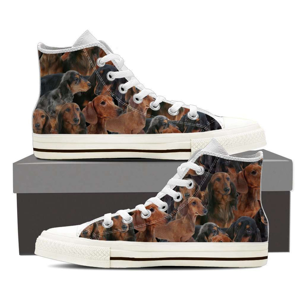 Designs by MyUtopia Shout Out:Dachshund Collage Canvas High Top Shoes Mens,Mens US 8 (EU40) / Brown,High Top Sneakers