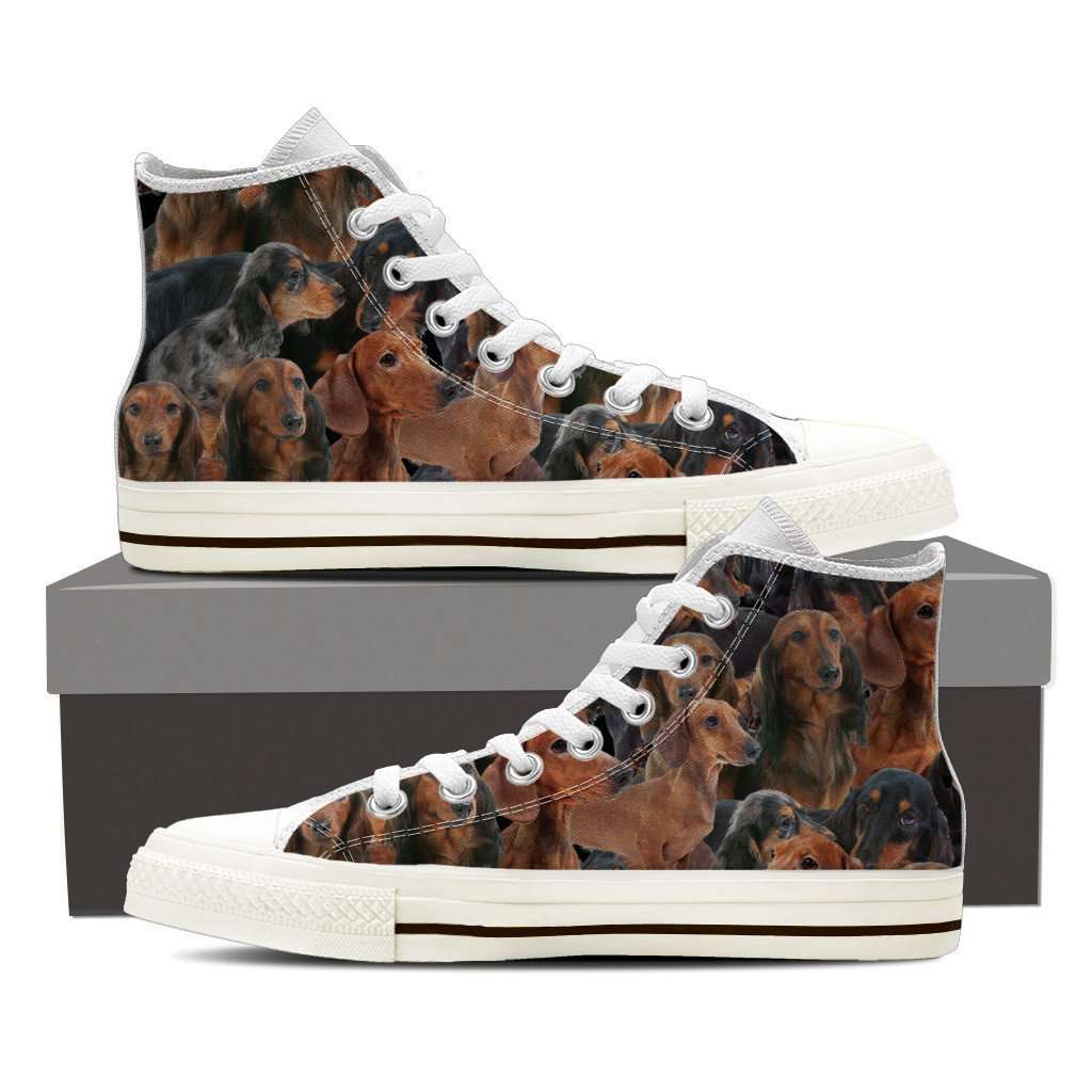 Designs by MyUtopia Shout Out:Dachshund Collage Canvas High Top Shoes Womens,Ladies 6 (EU36) / Brown,High Top Sneakers