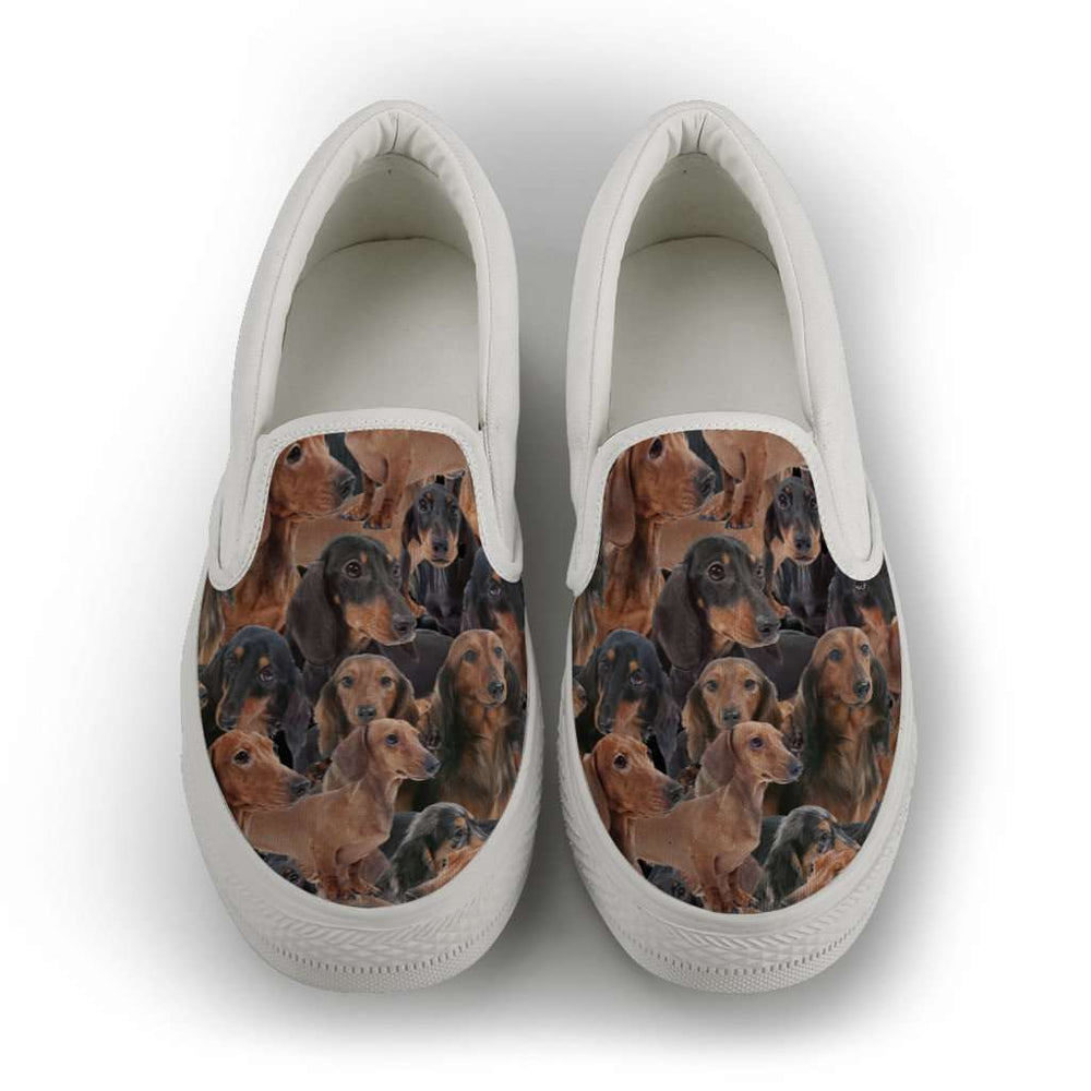Designs by MyUtopia Shout Out:Dachshund Ladies Slip-on Shoes,Womens / US6 (EU36) / Brown,Slip on sneakers