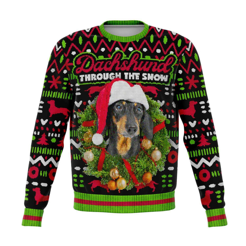 Designs by MyUtopia Shout Out:Dachshund Through The Snow - Funny Christmas Fleece Lined Fashion Sweatshirt,XS / Multi,Fashion Sweatshirt - AOP