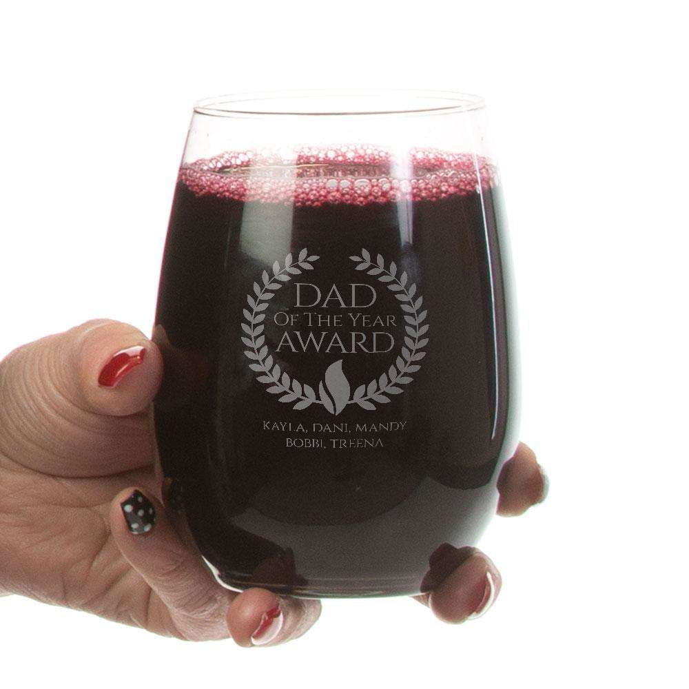 Designs by MyUtopia Shout Out:Dad of the Year Award Personalized with Kids Names Stemless Laser Etched Wine Glass