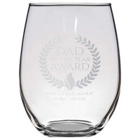 Load image into Gallery viewer, Designs by MyUtopia Shout Out:Dad of the Year Award Personalized with Kids Names Stemless Laser Etched Wine Glass
