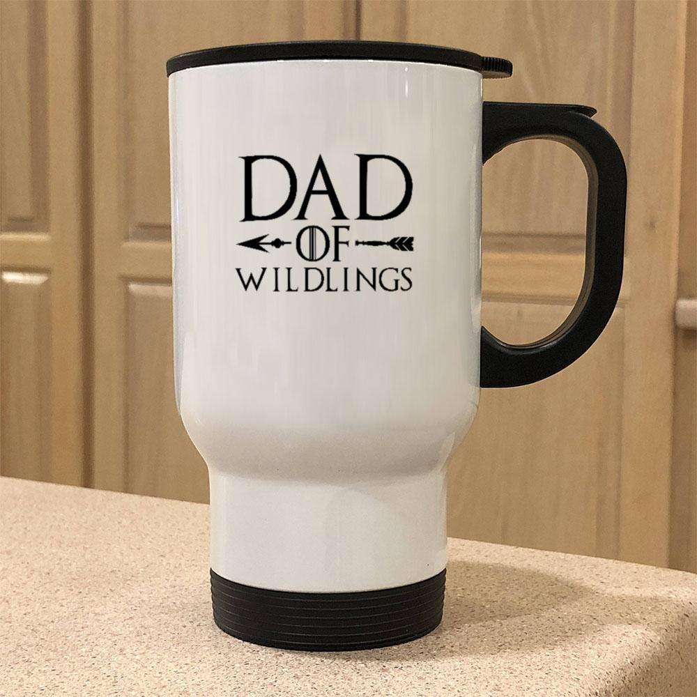 Designs by MyUtopia Shout Out:Dad of Wildlings 14 oz Stainless Steel Travel Coffee Mug w. Twist Close Lid,White / 14 oz,Travel Mug
