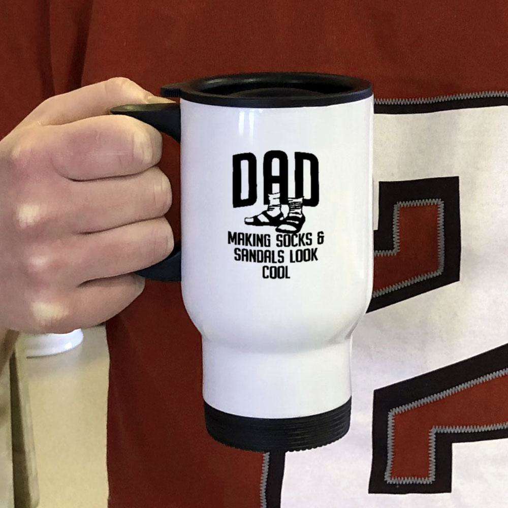 Designs by MyUtopia Shout Out:Dad Socks and Sandals  White Travel Mug