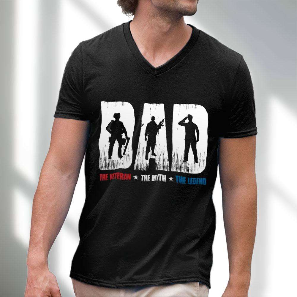 Designs by MyUtopia Shout Out:Dad, The Veteran, The Myth, The Legend Men's Printed V-Neck T-Shirt