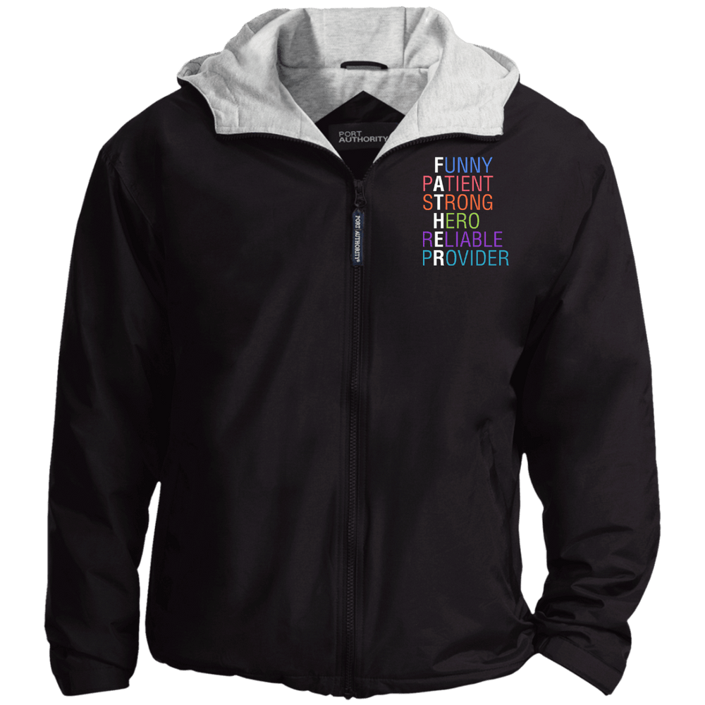 Designs by MyUtopia Shout Out:Descriptions of Father Anagram Embroidered Team Jacket,Black/Light Oxford / X-Small,Jackets