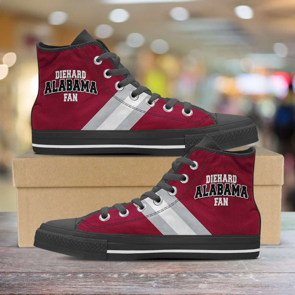 Designs by MyUtopia Shout Out:Diehard Alabama Fan Canvas High Top Shoes,Men's / Mens US 5 (EU38) / Red/Silver/White,High Top Sneakers