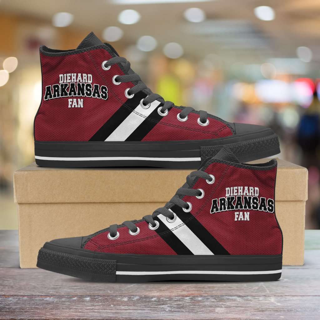 Designs by MyUtopia Shout Out:Diehard Arkansas Fan Canvas High Top Shoes,Men's / Mens US 5 (EU38) / Red/White/Black,High Top Sneakers