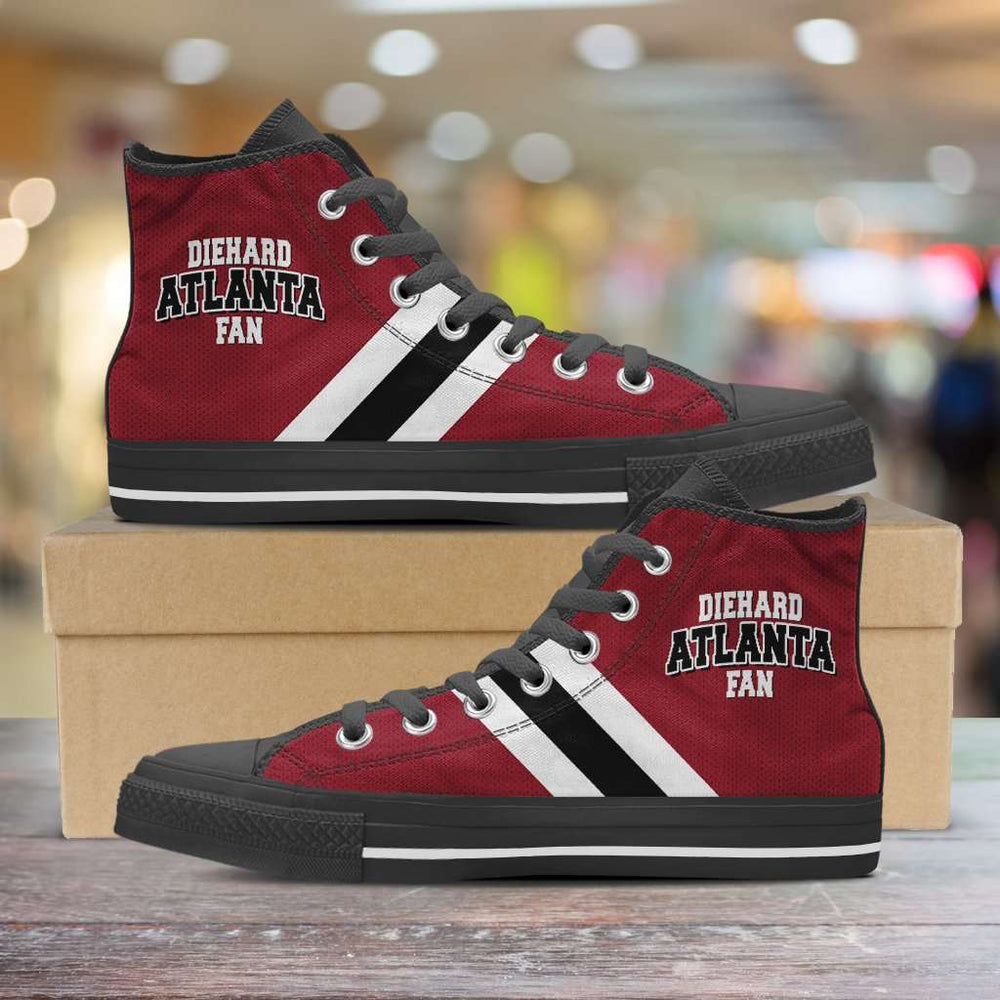 Designs by MyUtopia Shout Out:Diehard Atlanta Fan Canvas High Top Shoes,Men's / Mens US 5 (EU38) / Red/Black/White,High Top Sneakers