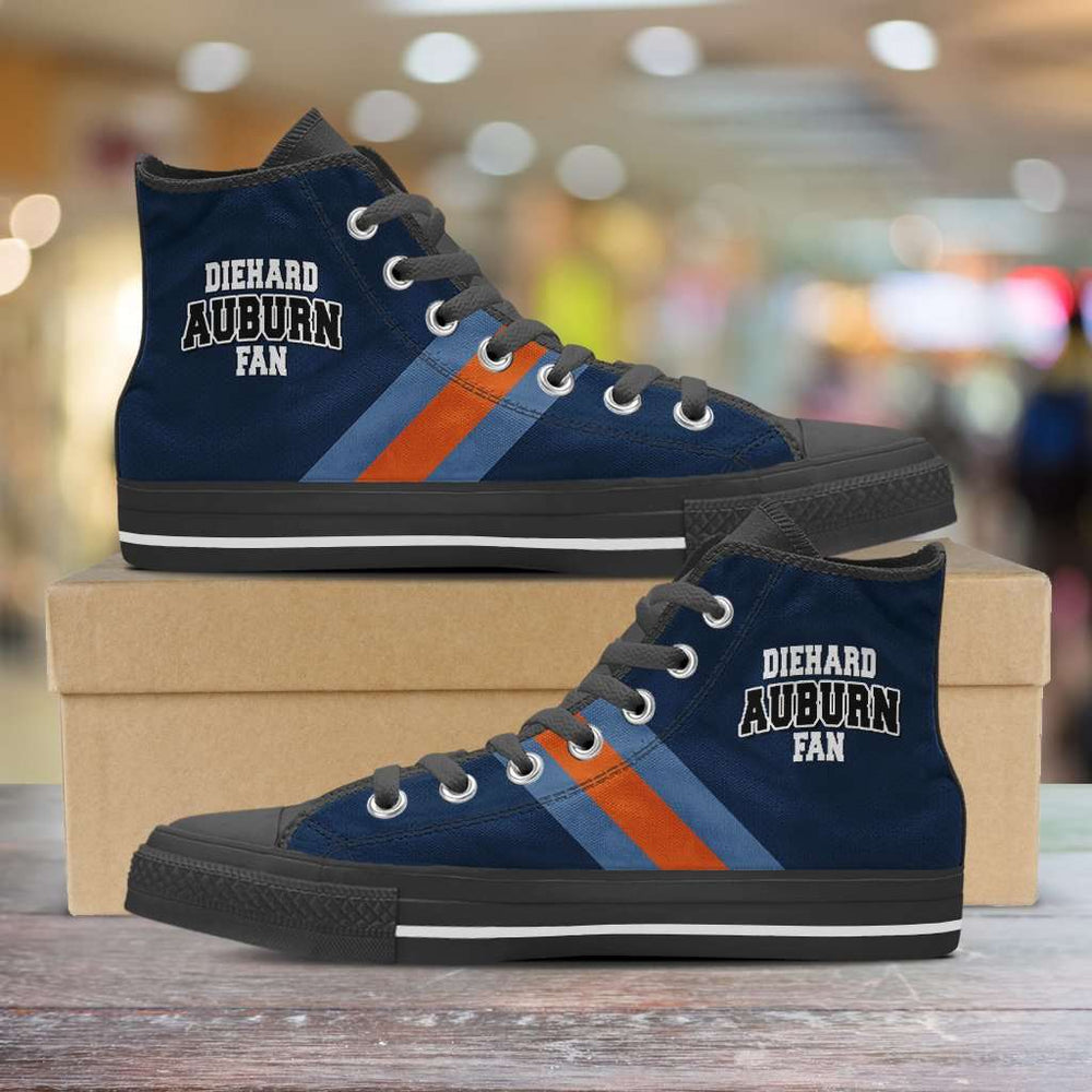 Designs by MyUtopia Shout Out:Diehard Auburn Fan Canvas High Top Shoes,Men's / Mens US 5 (EU38) / Blue/Orange/Light Blue,High Top Sneakers
