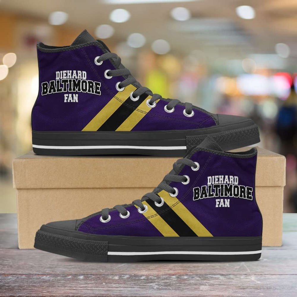 Designs by MyUtopia Shout Out:Diehard Baltimore Fan Canvas High Top Shoes,Men's / Mens US 5 (EU38) / Violet/Yellow/Black,High Top Sneakers