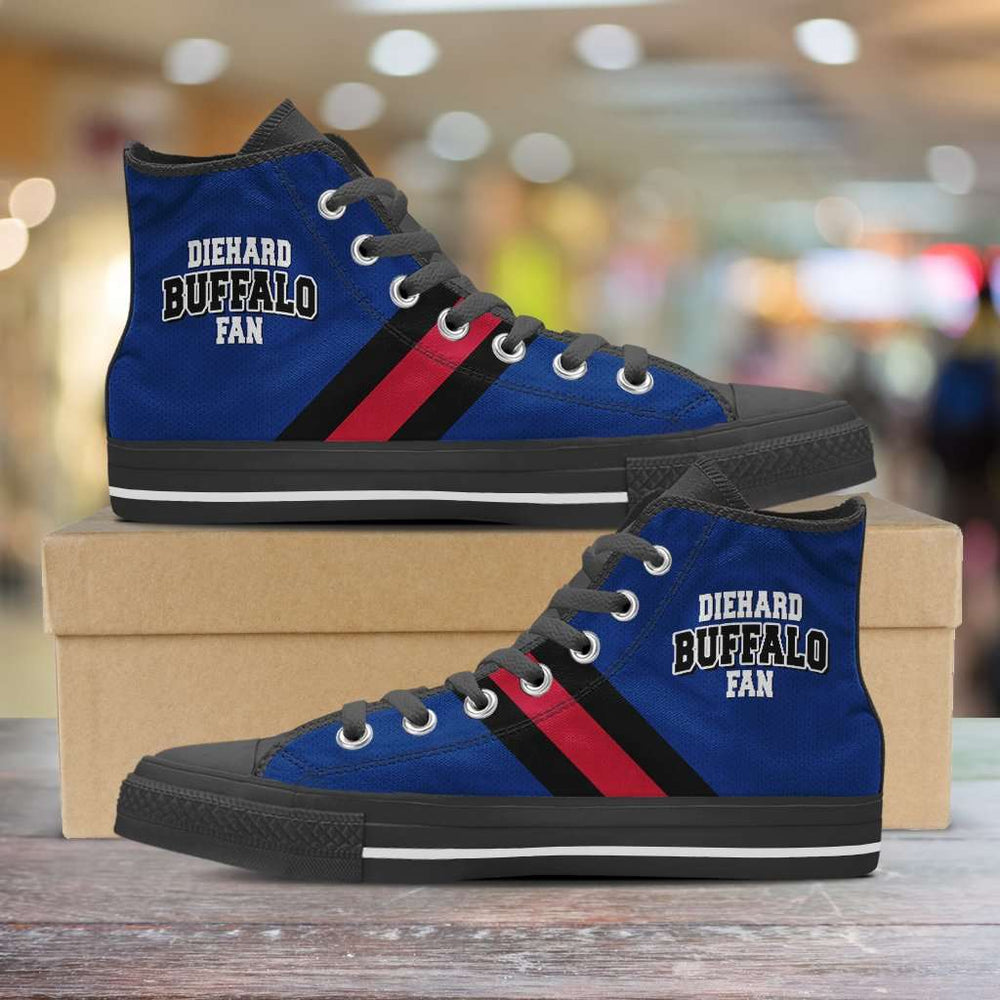 Designs by MyUtopia Shout Out:Diehard Buffalo Fan Canvas High Top Shoes,Men's / Mens US 5 (EU38) / Blue/Red/Black,High Top Sneakers