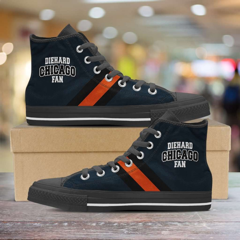 Designs by MyUtopia Shout Out:Diehard Chicago Fan Canvas High Top Shoes,Men's / Mens US 5 (EU38) / Blue Marine/Burnt Orange,High Top Sneakers